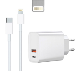 iPhone, iPad laadija, Lightning: Juhe 1m + Adapter 1xUSB-C + 1xUSB, kuni 20W QuickCharge