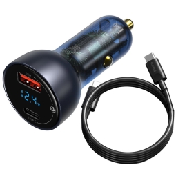 Car charger: Cable 1m + Adapter 1xUSB-C, 1xUSB, up to 65W, QuickCharge: Baseus Particular Digital - Black