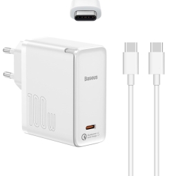 Laadija USB-C: Juhe 1.5m USB-C + Adapter 1xUSB-C, kuni 100W, QuickCharge: Baseus GaN2 - Valge