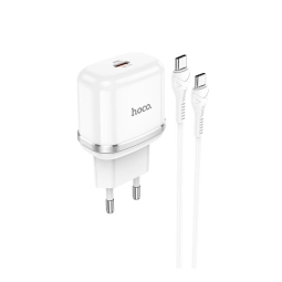 Laadija USB-C: Juhe 1m + Adapter 1xUSB-C, kuni 20W, QuickCharge kuni 12V 1.67A: Hoco N24 - Valge