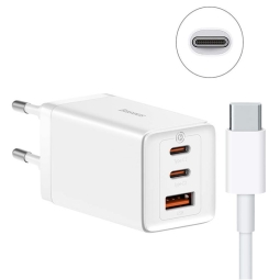 Laadija USB-C: Juhe 1m + Adapter 2xUSB-C, 1xUSB, kuni 65W, Quick Charge kuni 20V 3.25A: Baseus GaN5 Pro - Valge