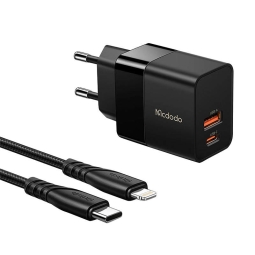 Laadija iPhone iPad Lightning: Juhe 1.2m + Adapter 1xUSB-C, 1xUSB, kuni 20W, QuickCharge kuni 12V 1.67A: Mcdodo - Must