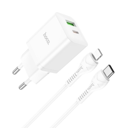 Laadija iPhone iPad Lightning: Juhe 1m + Adapter 1xUSB-C, 1xUSB, kuni 20W, QuickCharge kuni 12V 1.67A: Hoco N28 - Valge