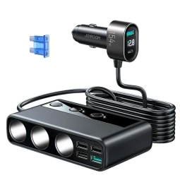 Autolaadija 3x12V pesa + 4xUSB, kuni 18W + 1xUSB-C, 1xUSB, kuni 20W, QuickCharge kuni 12V 1.67A: Joyroom CL06 - Must