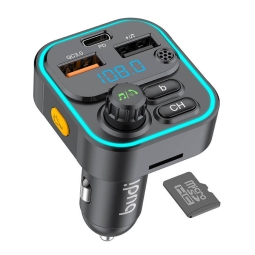 FM трансмиттер (USB, MicroSD, Bluetooth 5.0), автомобильная зарядка: 1xUSB-C, 2xUSB, до 20W: Budi Cct05 - Чёрный