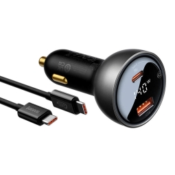 Autolaadija USB-C: 1m + Adapter 1xUSB-C, 1xUSB, kuni 140W, QuickCharge kuni 28V 5A: Baseus Digital - Must