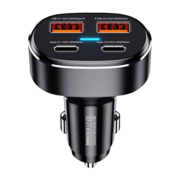 Autolaadija 2xUSB-C + 2xUSB, kuni 75W (45W+30W), QuickCharge kuni 20V 2.25A: Remax 329 - Must