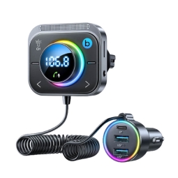 FM transmitter (USB, MicroSD, Bluetooth 5.3, AUX), 1.5m, car charger: 1xUSB-C, 2xUSB, up to 30W: Joyroom CL18 -  Silver