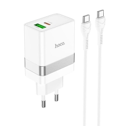 Laadija USB-C: Juhe 1m + Adapter 1xUSB-C, 1xUSB, kuni 30W, QuickCharge kuni 20V 1.5A: Hoco N21 - Valge