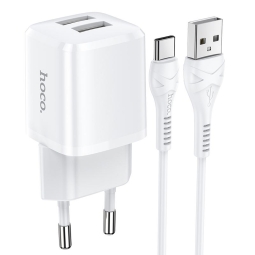 Charger USB-C: Cable 1m + Adapter 2xUSB, up to 12W, 5V 2.4A: Hoco Briar - White