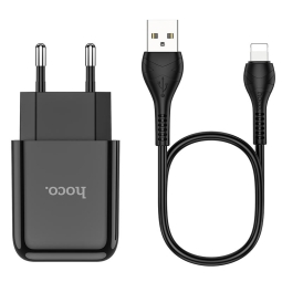 Laadija iPhone iPad Lightning: Juhe 1m + Adapter 1xUSB, kuni 2.1A: Hoco N2 - Must