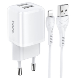 iPhone iPad laadija, Lightning: Juhe 1m + Adapter 2xUSB, kuni 12W, 5V 2.4A: Hoco Briar - Valge