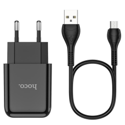 Laadija Micro USB: Juhe 1m + Adapter 1xUSB, kuni 2.1A: Hoco N2 - Must