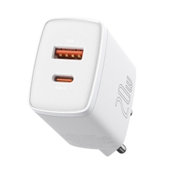 Laadija 1xUSB + 1xUSB-C, kuni 20W, QuickCharge: Baseus Compact - Valge