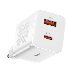 Charger 1xUSB + 1xUSB-C, up to 30W, QuickCharge: Baseus Super Si Pro - White