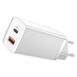 Laadija 2xUSB-C, kuni 65W, Quick Charge, PD: Baseus GaN2 Lite - Valge