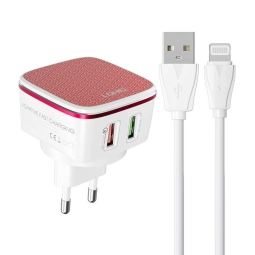 Charger iPhone iPad Lightning: Kaabel 1m + Adapter 2xUSB, up to 30W, QuickCharge up to 12V 1.5A + 12W: Ldnio A2405Q -  Red-White