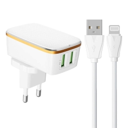 Зарядка iPhone iPad Lightning: Kaabel 1m + Адаптер 2xUSB, до 12W, до 5V 2.4A: Ldnio A2204 - Белый