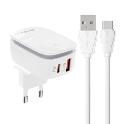 Laadija USB-C: Kaabel 1m + Adapter 1xUSB-C, 1xUSB, kuni 20W, QuickCharge kuni 12V 1.67A: Ldnio A2425C - Valge