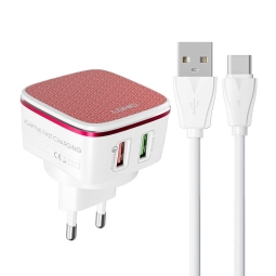 Зарядка USB-C: Kaabel 1m + Адаптер 2xUSB, до 30W (QC до 12V 1.5A 18W + 5V 2.4A 12W): Ldnio A2405Q - Белый