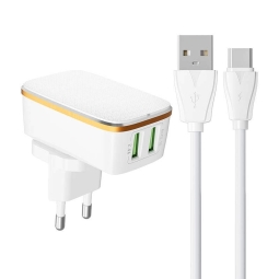 Laadija USB-C: Kaabel 1m + Adapter 2xUSB, kuni 12W, kuni 5V 2.4A: Ldnio A2204 - Valge