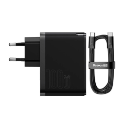 Charger USB-C: Kaabel 1m + Adapter 1xUSB-C, 1xUSB, up to 100W, QuickCharge up to 20V 5A: Baseus GaN5 Pro - Black