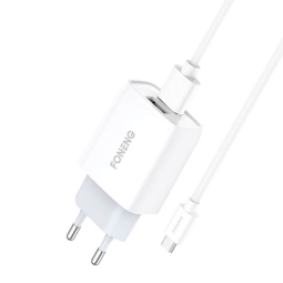 Laadija Micro USB: Kaabel 1.2m + Adapter 2xUSB, kuni 12W (5V 2.4A): Foneng EU30 - Valge