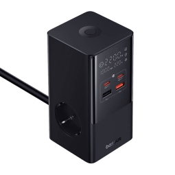 Charger 2xUSB-C + 2xUSB + 2xAC, up to 100W, QuickCharge up to 20V 5A: Baseus PowerCombo Tower - Black