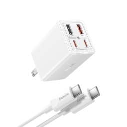 Laadija USB-C: Kaabel 1m + Adapter 2xUSB-C, 2xUSB, kuni 65W, QuickCharge kuni 20V 3.25A: Baseus GaN6 Pro - Valge