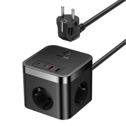 Laadija 2xUSB-C + 2xUSB + 3xAC, kaabel 1.5m, kuni 30W, QuickCharge kuni 20V 1.5A: PowerCombo Cube PowerStrip - Must