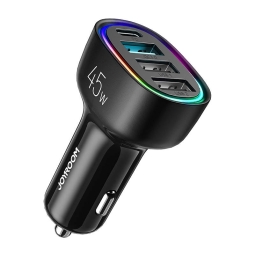 Autolaadija: 1xUSB-C + 3xUSB, kuni 45W, QuickCharge kuni 20V 1.5A 30W: Joyroom Cl09 - Must