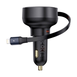 Автомобильная зарядка 2в1, Lightning kaabel 0.75m + 1xUSB-C, до 55W, QuickCharge до 12V 2.5A 30W: Baseus Retractable - Чёрный