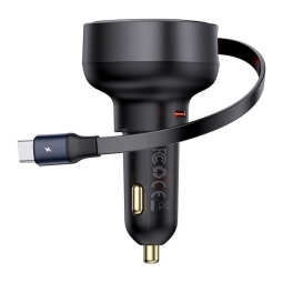 Автомобильная зарядка 2в1, USB-C kaabel 0.75m + 1xUSB-C, до 60W, QuickCharge до 12V 2.5A 30W: Baseus Retractable - Чёрный