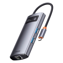 Делитель, хаб USB-C hub: 4xUSB 3.0 + LAN 100Мбит/с + USB-C power, 0.15m: Baseus StarJoy - Алюминий