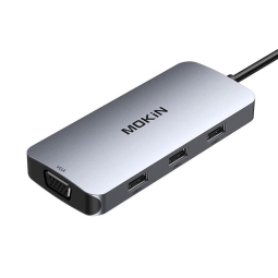 Делитель, хаб USB-C dock: DP 4K60Hz, 2xHDMI 4K60+4K30Hz, VGA FullHD, 3xUSB 2.0: Mokin 0507 - Алюминий