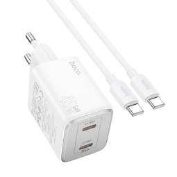 Laadija USB-C: Juhe 1m + Adapter 2xUSB-C, kuni 45W, QuickCharge kuni 20V 2.25A: Hoco N42 - Valge