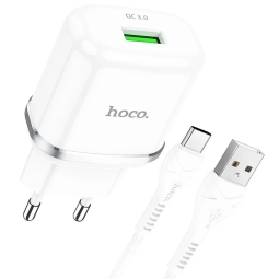 Charger USB-C: Kaabel 1m + Adapter 1xUSB, up to 18W, QuickCharge up to 12V 1.5A: Hoco N3 - White