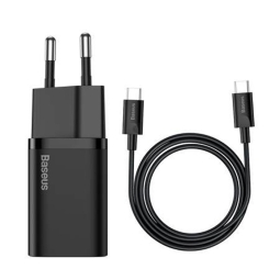 Laadija USB-C: Juhe 1m + Adapter 1xUSB-C, kuni 25W, QuickCharge kuni 12V 2.1A: Baseus Super Si - Must