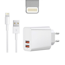 iPhone, iPad charger, Lightning: Cable 1m + Adapter 2xUSB, up to 18W QuickCharge