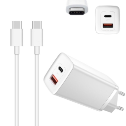 Laadija USB-C: Juhe 1m + Adapter 1xUSB-C + 1xUSB, kuni 65W QuickCharge