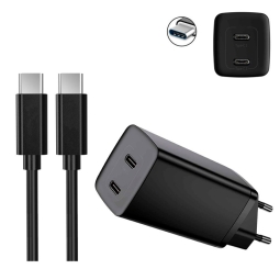 Laadija USB-C: Juhe 1m + Adapter 2xUSB-C, kuni 65W QuickCharge