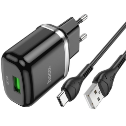 Charger USB-C: Kaabel 1m + Adapter 1xUSB, up to 18W, QuickCharge up to 12V 1.5A: Hoco N3 - Black