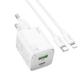 Charger iPhone iPad Lightning: Kaabel 1m + Adapter 1xUSB-C, 1xUSB, up to 20W, QuickCharge up to 12V 1.67A: Hoco N41 - White