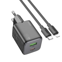 Laadija iPhone iPad Lightning: Kaabel 1m + Adapter 1xUSB-C, 1xUSB, kuni 20W, QuickCharge kuni 12V 1.67A: Hoco N41 - Must