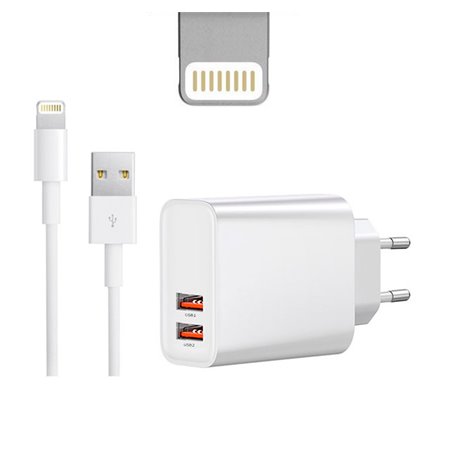 Зарядка iPhone, iPad: Кабель 2m Lightning + Адаптер 2xUSB 3A Quick Charge