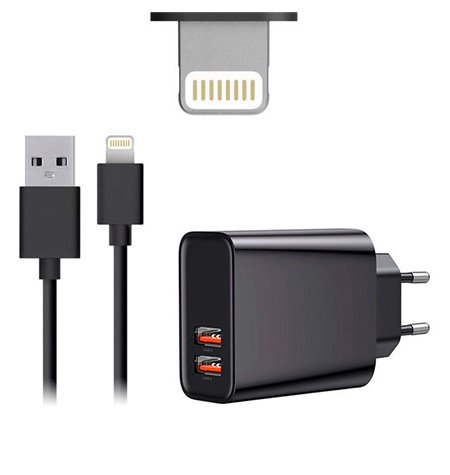 Зарядка iPhone, iPad: Кабель 1m Lightning + Адаптер 2xUSB 3A Quick Charge