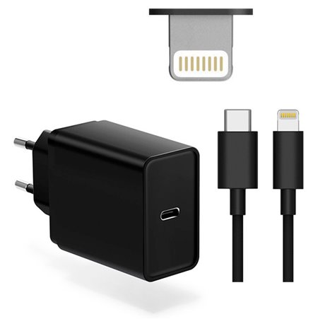 iPhone, iPad laadija: Juhe 1m Lightning + Adapter 1xUSB-C 3A Quick Charge
