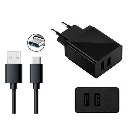 Laadija USB-C: Juhe 1m + Adapter 2xUSB 2.1A
