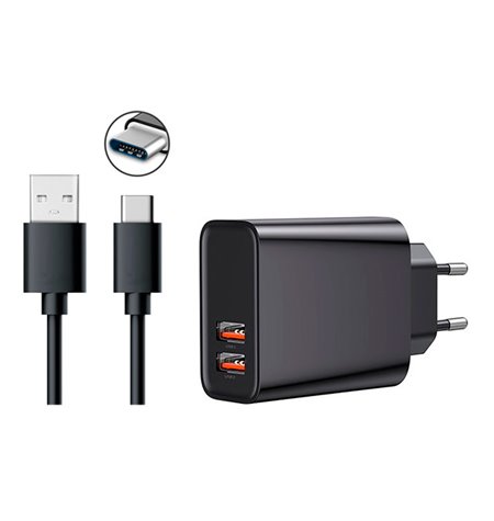 Laadija USB-C: Juhe 1m + Adapter 2xUSB 3A Quick Charge