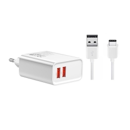 Laadija USB-C: Juhe 1m + Adapter 2xUSB, kuni 18W QuickCharge